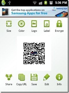 QR Droid Generate QR Code options