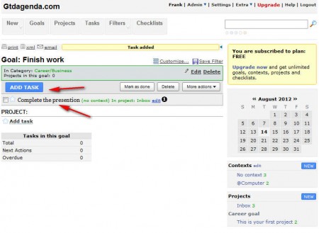 GTDagenda goal adding tasks