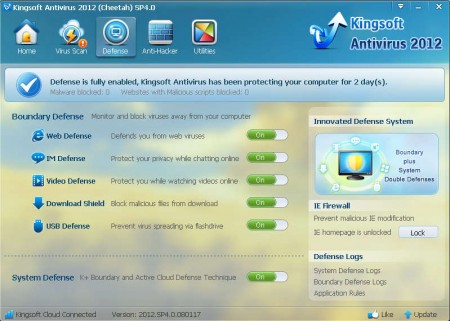 Kingsoft Antivirus 2012 system defense