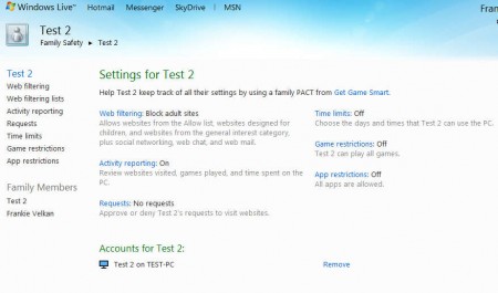 Windows Live Essentials 2012 Family Safety settings