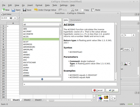 Calligra Sheets functions window