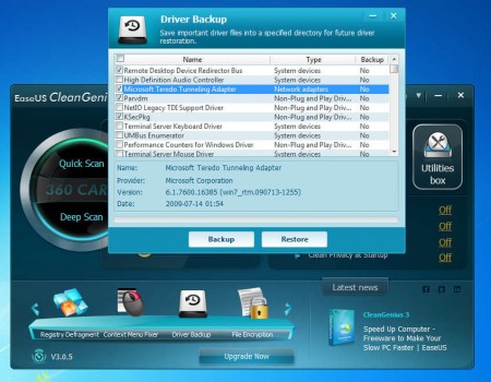EaseUS CleanGenius backing up drivers