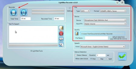 LightMan Recorder recording settings