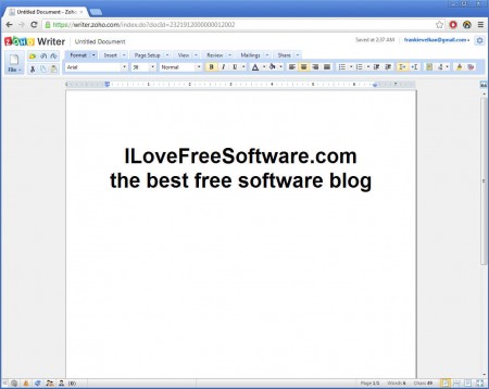 Zoho Writer online word processing service default window