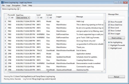 log file viewer default window