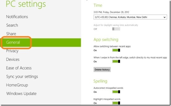 general settings in windows 8