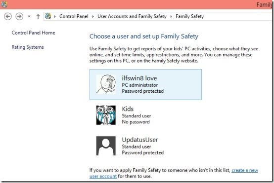 select kids account in Windows 8