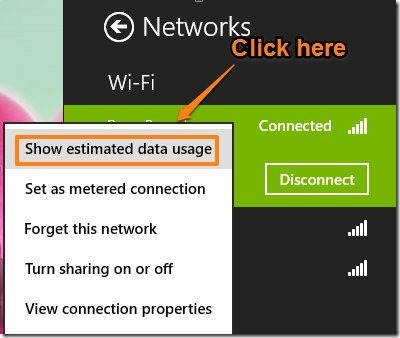 show estimated data usage in windows 8