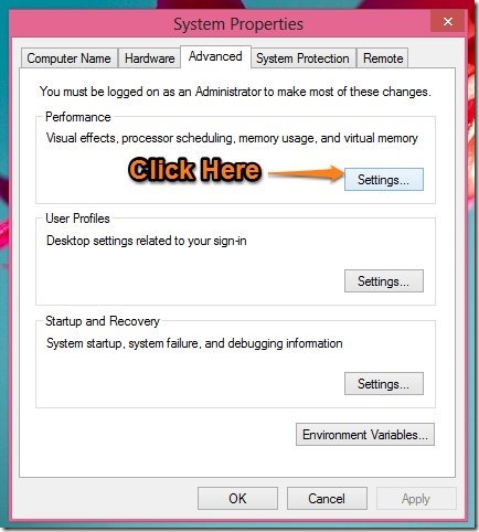 system properties disbale animations in windows 8