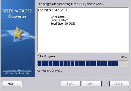 AOMEI NTFS to FAT32 Converter conversion working