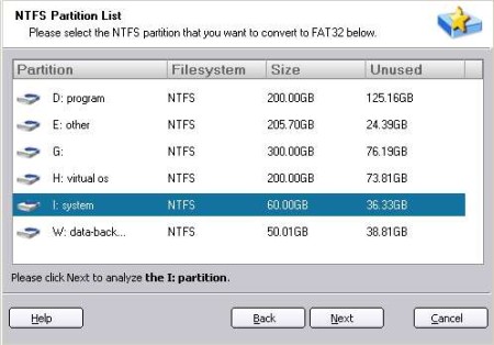 AOMEI NTFS to FAT32 Converter selecting partition