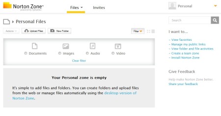 Norton Zone file hosting service default window