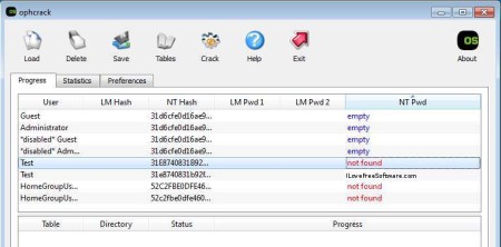 Ophcrack password cracked