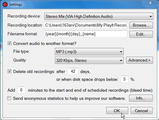 PlayIt Recorder settings