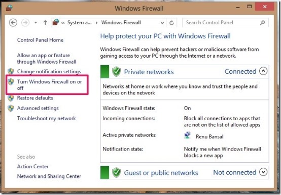 Turn Windows Firewall on or off 