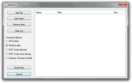 BitKiller to delete files permanently default window