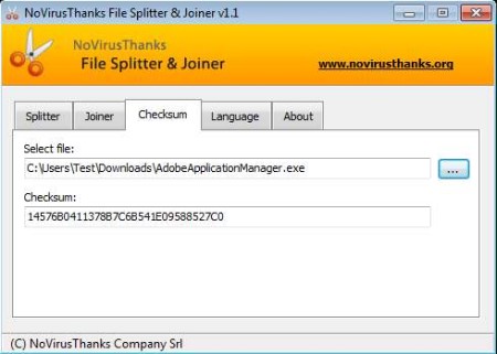 NoVirus Joiner Splitter checksum calculator