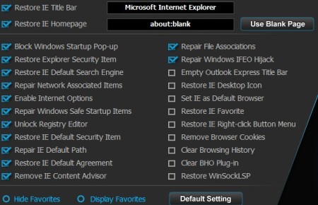 Browser Repair Tool settings