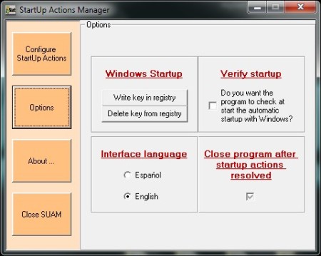 Startup Actions Manager options