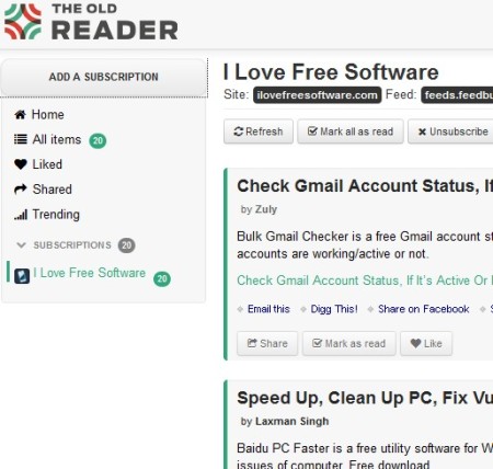 The Old Reader default window