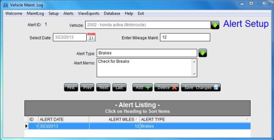 ehicle Maint. Log Software alert setup