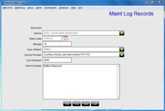 Vehicle Maint. Log Software maint log records