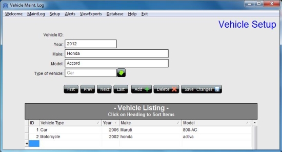 Vehicle Maint. Log Software vehicle setup