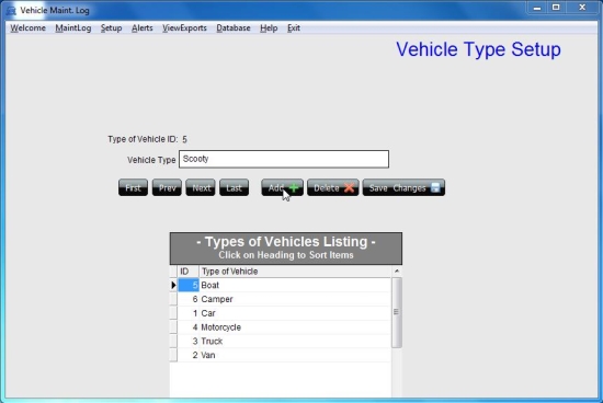 Vehicle Maint. Log Software vehicle type setup