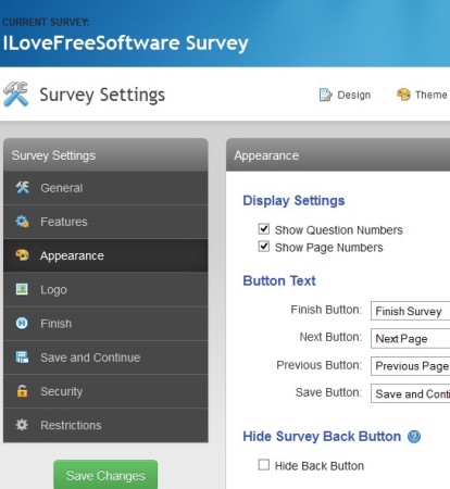 SurveyMoz survey options