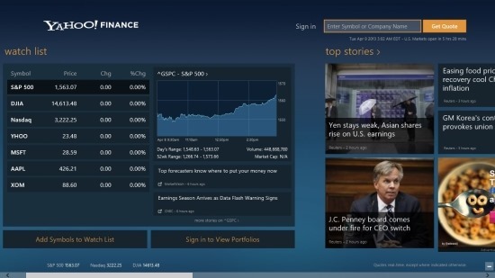 Yahoo! Finance App For Windows 8