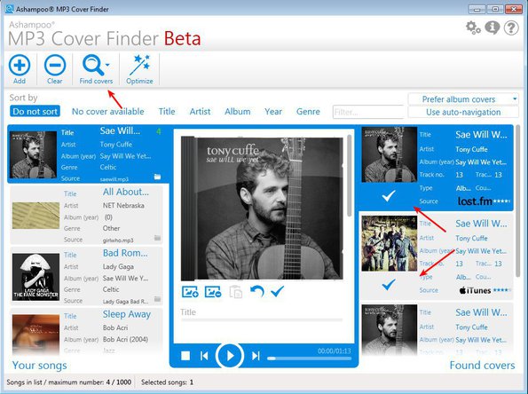 Ashampoo MP3 Cover Finder selected songs