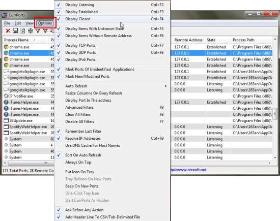 currports options