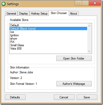 settings skin chooser