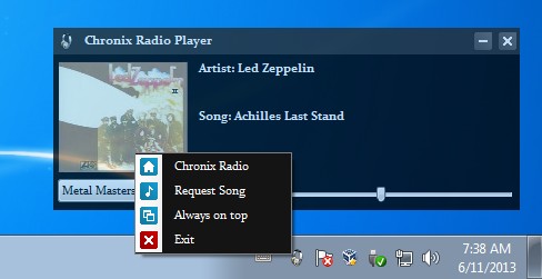 Chronix Radio Player playing songs tray