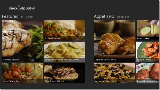 Allrecipes Video Cookbook- main screen