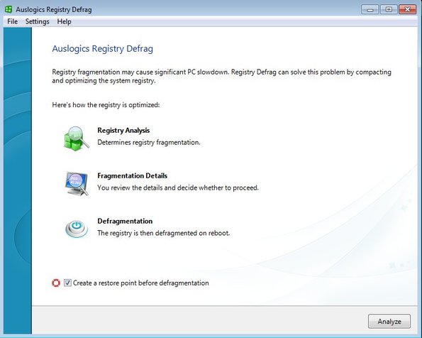 Auslogics Registry Defrag default window