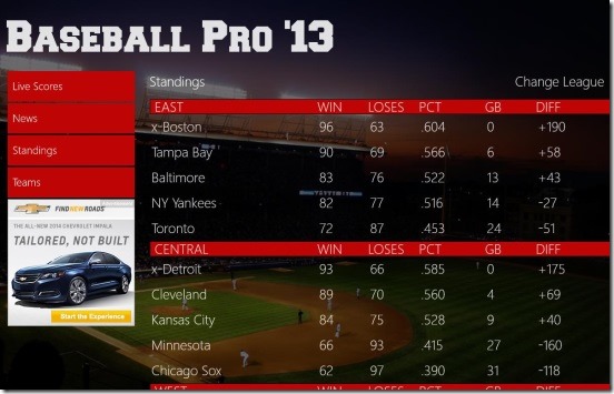 Baseball Pro  standings