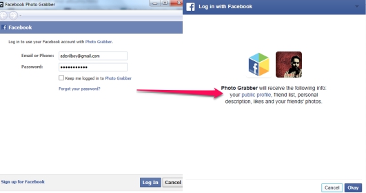 Facebook Photo Grabber- log in with Facebook