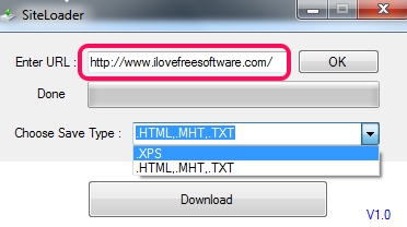 SiteLoader- enter webpage address and select save type