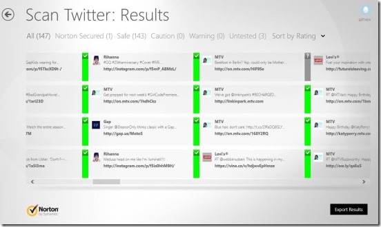 Norton Satellite - twitter scan result