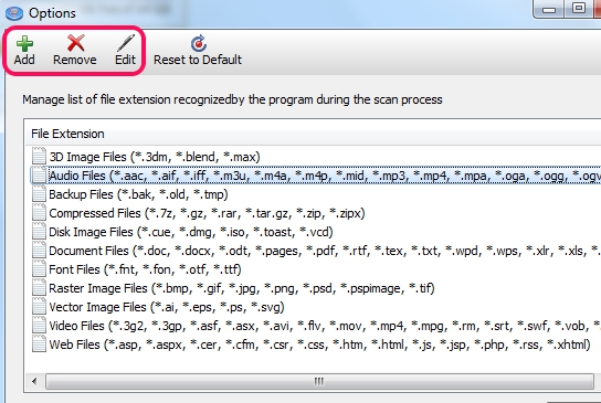 TweakNow HD-Analyzer- manage list of file extensions for scan process