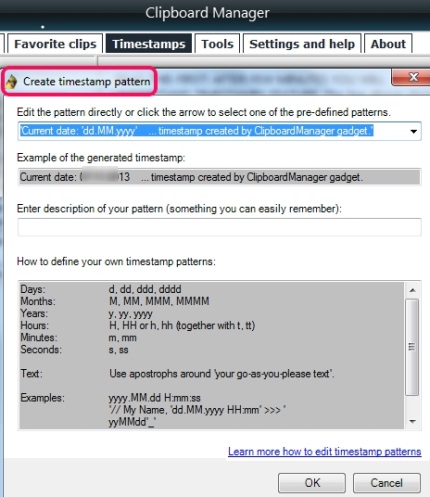 Clipboard Manager- create timestamps patterns
