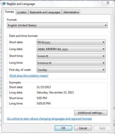 Control Panel Command - Region and Language Settings