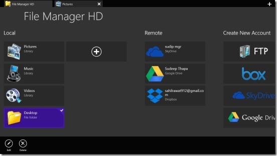 File Manager HD - main screen folders and clouds