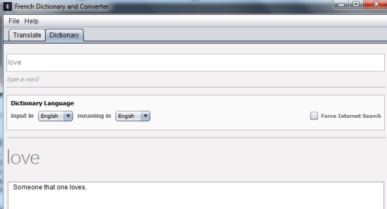 French Dictionary and Converter- dictionary tab