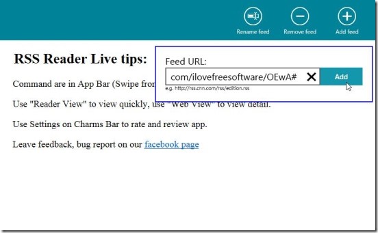 RSS Reader Live - adding new RSS source
