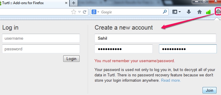 Turtl- create account