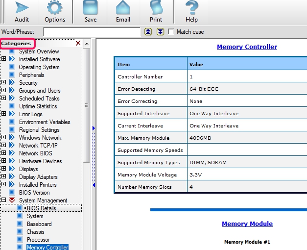 WinAudit- hardware and software components categories