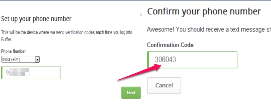 two factor authentication in Buffer- register your phone number