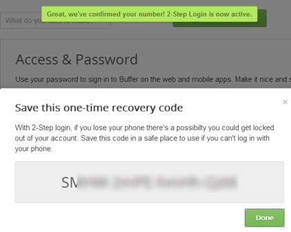 two factor authentication in Buffer-set up complete